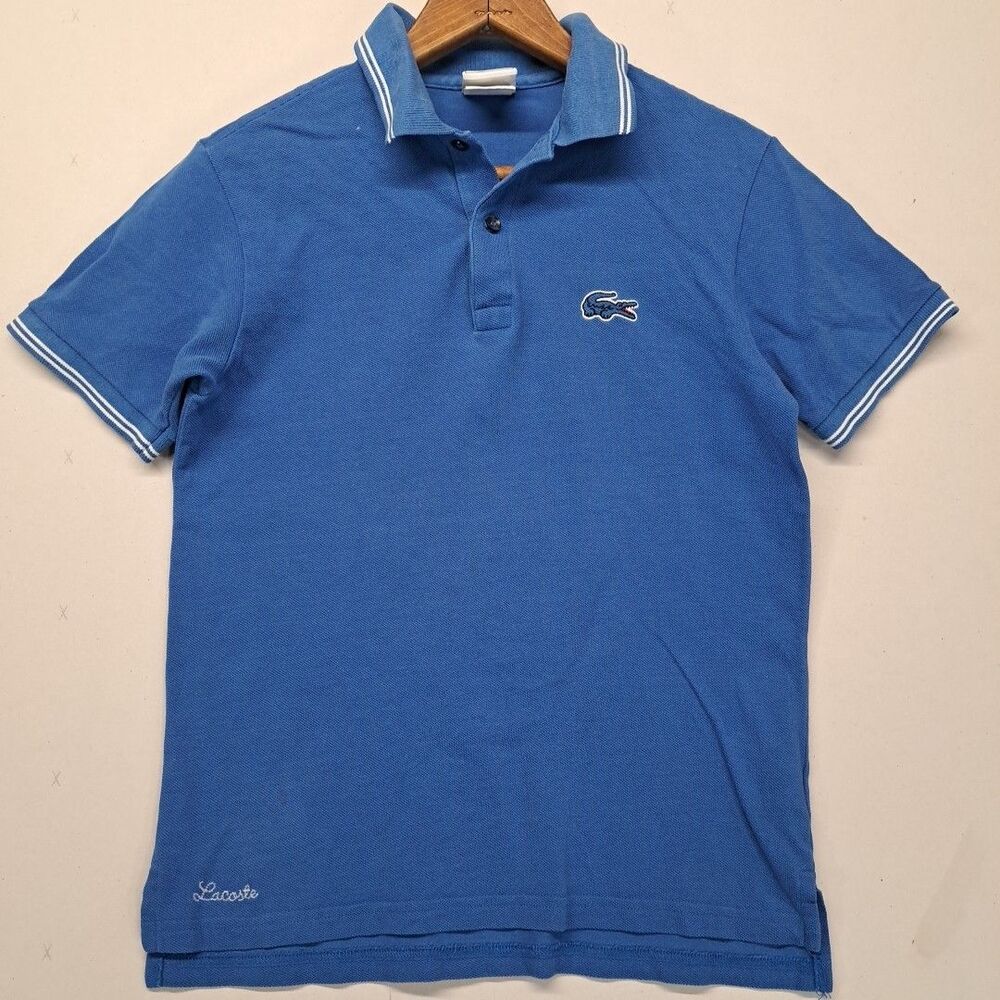 Lacoste Boys Youth 14 Polo Collared Shirt Blue Large Crocodile Logo Pique Cotton